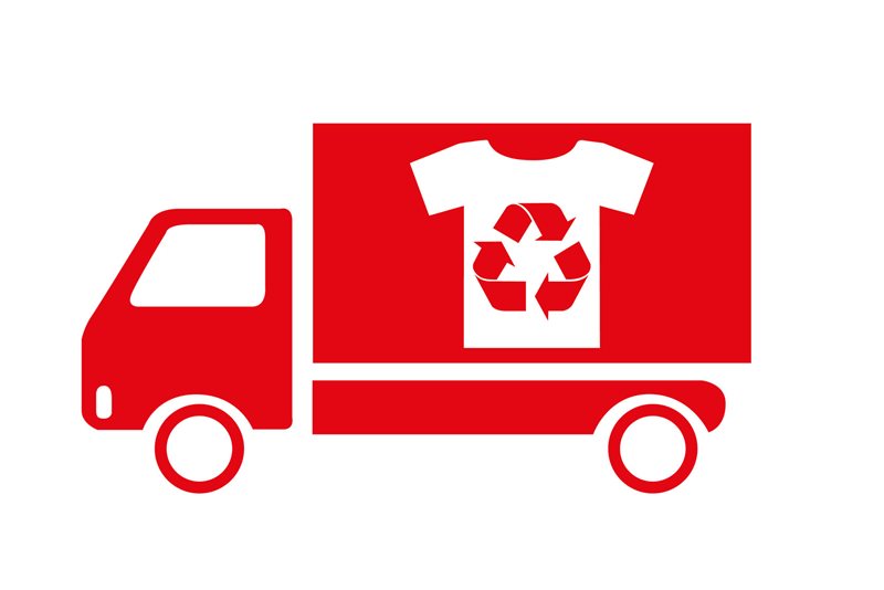 Illustration röd lastbil med återvinningssymbol