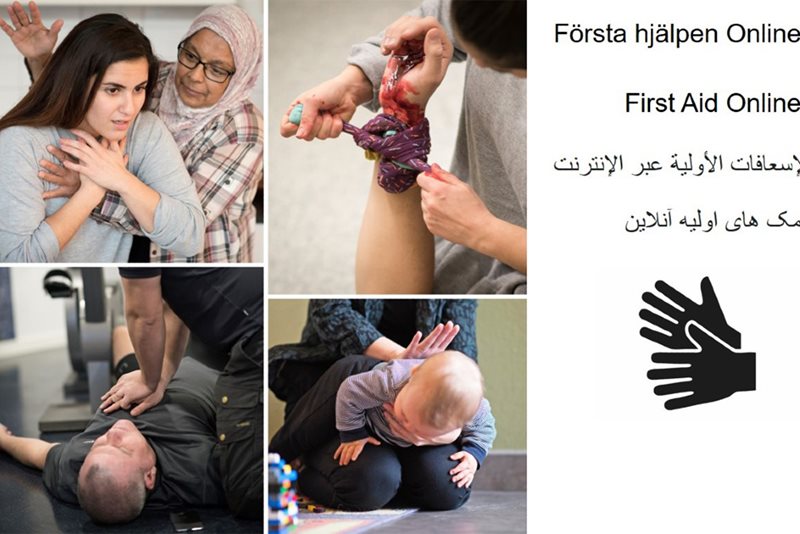 Bilder på olika första hjälpeninsatser och text på svenska, engelska, arabiska och persiska om Första hjäpen online.