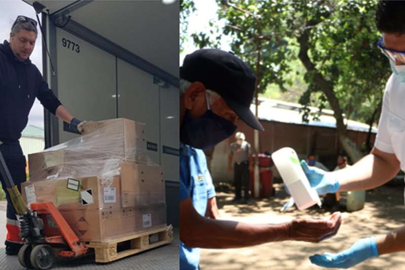 Till höger: Man lastar pall med kartonger i lastbil 
Till vänster: Rödakorsvolontär hjälper en person att dosera handsprit i sina händer