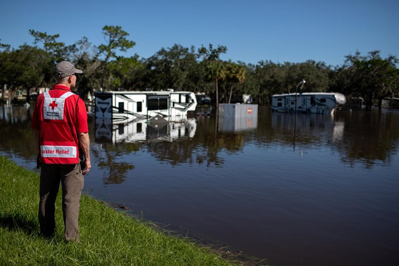 September 26, 2022. Wauchula, FloridaRed Cross volunteer Dave Wagner surveys the Peace River RV and Camping Resort in Wauchula, Fl., the day after Hurricane Ian ravaged the state. Dangerous conditions persisted and flood waters continued to rise as the swollen Peace River covered sections of Hwy 17, a major north/south thoroughfare.
